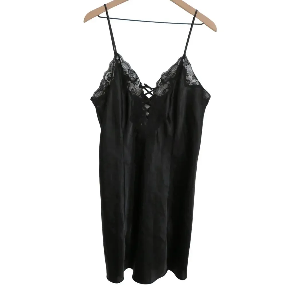 Frederick's of Hollywood Sz 1X Black Satin Slip Lace Trim Bow Detail Feminine